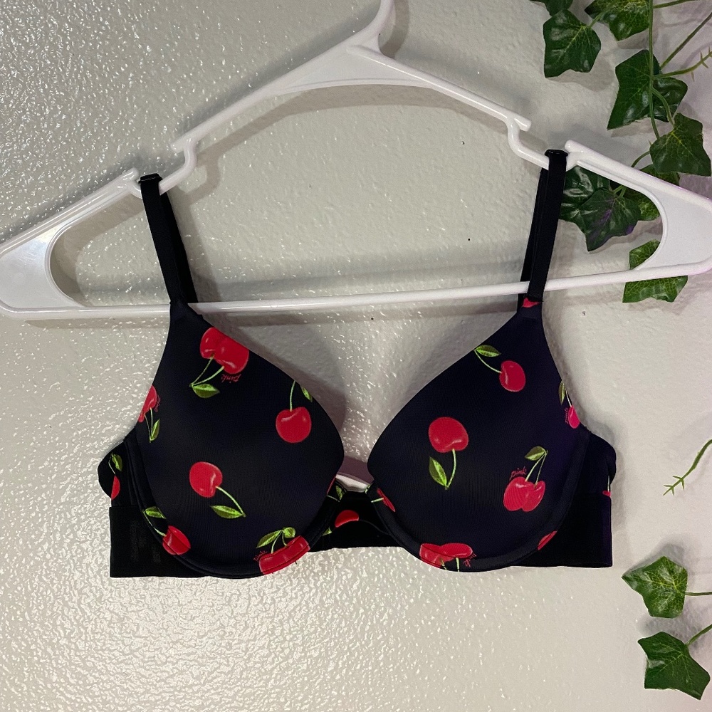 Victoria's Secret Pink Push-Up Bra - Black with Cherry Prints - 32B